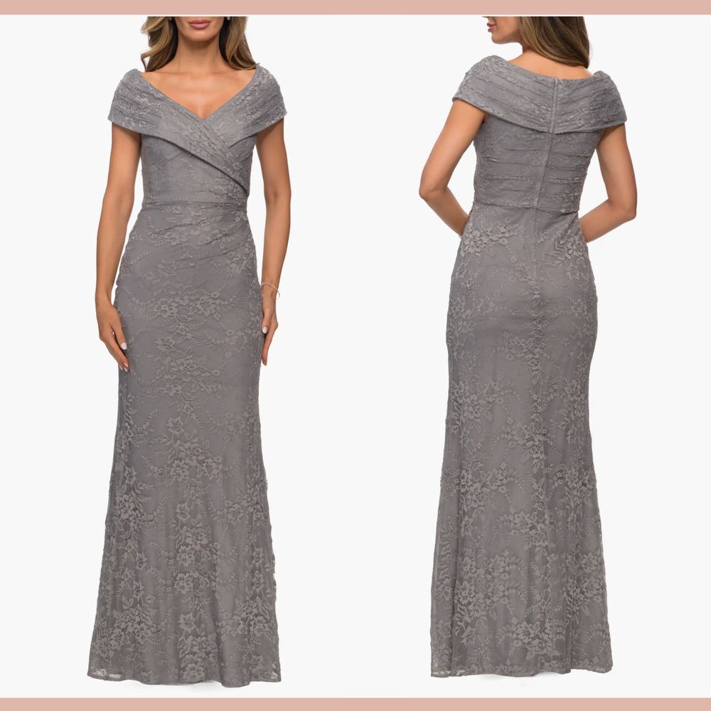 NEW $378 La Femme [ 4 ] Portrait Lace Off Shoulder Cap‎ Sleeve Gown Platinum